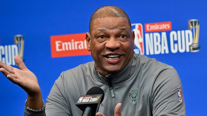 Head Coach Doc Rivers of the Milwaukee Bucks speaks to the media during a press conference during the Emirates NBA Cup Championship game on December 16, 2024 at T-Mobile Arena in Las Vegas, Nevada. 