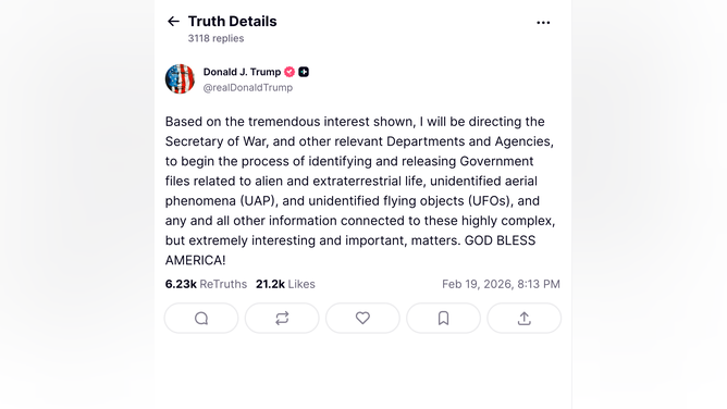 Donald Trump vows to release UFO files. (Credit: Donald Trump Truth Social)