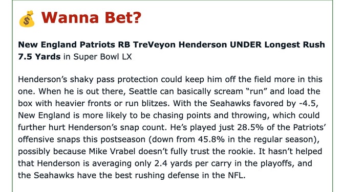 My analysis of New England Patriots RB TreVeyon Henderson Under Longest Rush prop vs. the Seattle Seahawks in Super Bowl LX for the OutKick newsletter. 