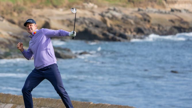 Justin Rose celebrates making an eagle on the 18th hole during the final round of the 2023 AT&T Pebble Beach Pro-Am at Pebble Beach Golf Links. (Photo Credit: Kyle Terada-Imagn Images)