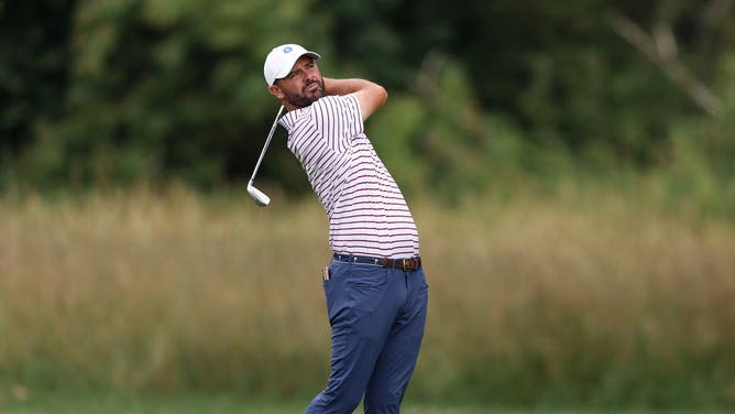 Wesley Bryan of the United States plays his second shot on the 14th hole on day one of the BMW International Open 2025.