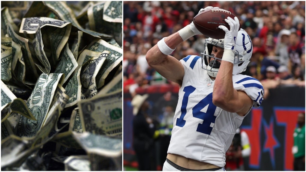 Side-by-side of a pile of money and a photo of Colts WR Alec Pierce.
