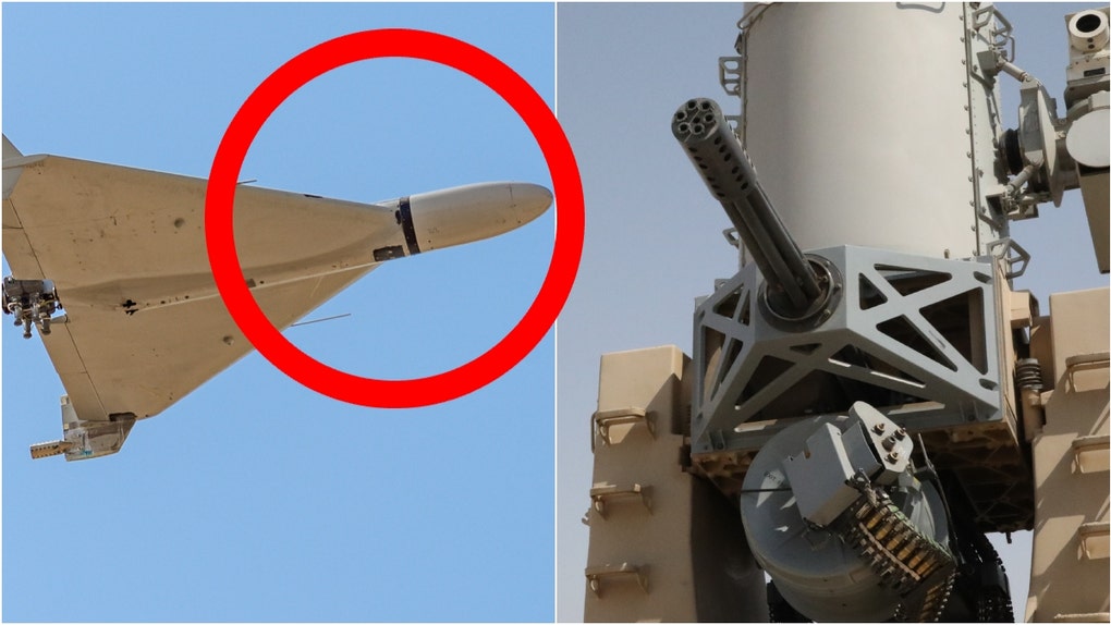 Drone shoot down footage (Photo by ANONYMOUS/Middle East Images/AFP via Getty Images and U.S. Government/Public Domain/U.S. Army Photo by Pvt. Jordan Foster/https://www.dvidshub.net/image/9279925/taskforce-defender-conducts-pre-action-calibration-fire-training-exercise)