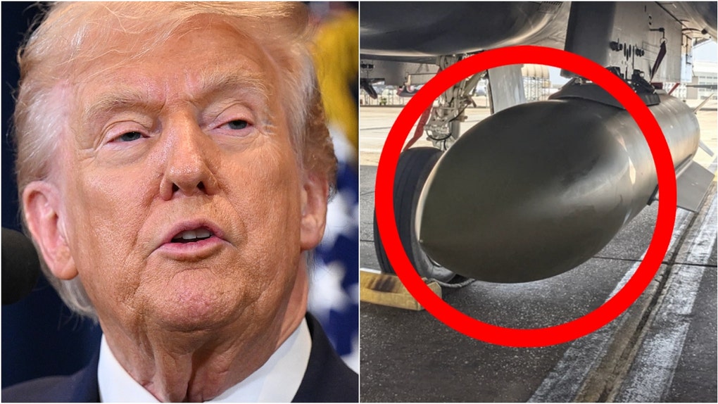 U.S. military uses massive bunker busters to re-open the Strait of Hormuz. (Credit: United States Military/Public Domain/Photo by Samuel King Jr./https://www.dvidshub.net/image/6883706/eglin-test-squadron-releases-gbu-72-first-time and Photo by Roberto Schmidt/Getty Images)