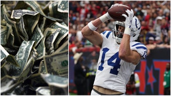 Side-by-side of a pile of money and a photo of Colts WR Alec Pierce.