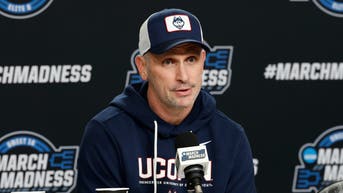 UConn Huskies head coach Dan Hurley speaks with the media during a press conference ahead of the east regional of the men's 2026 NCAA Tournament at Capital One Arena. 