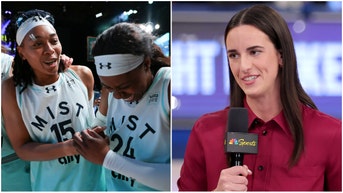 Unrivaled players celebrating next to a photo of Caitlin Clark. 