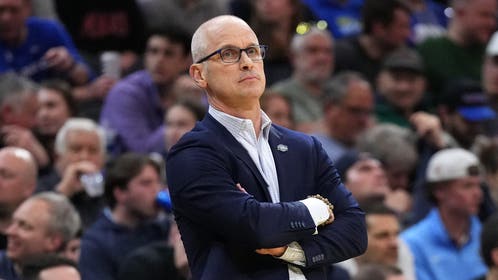 UConn Huskies head coach Dan Hurley in the first half during a first round game of the men's 2026 NCAA Tournament at Xfinity Mobile Arena. Mandatory Credit: 