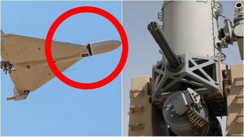 Drone shoot down footage (Photo by ANONYMOUS/Middle East Images/AFP via Getty Images and U.S. Government/Public Domain/U.S. Army Photo by Pvt. Jordan Foster/https://www.dvidshub.net/image/9279925/taskforce-defender-conducts-pre-action-calibration-fire-training-exercise)