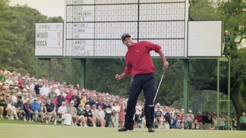 Tiger Woods on the 18th green at the 1997 Masters