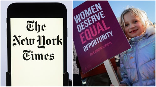 Split image showing a phone with The New York Times logo and a young girl holding a sign reading “Women Deserve Equal Opportunity” and “Save Women’s Sports.”