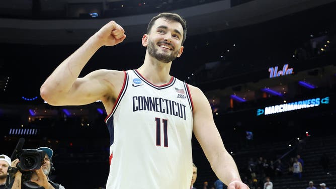 UConn Huskies forward Alex Karaban celebrates after defeating the UCLA Bruins in the men's 2026 NCAA Tournament.
