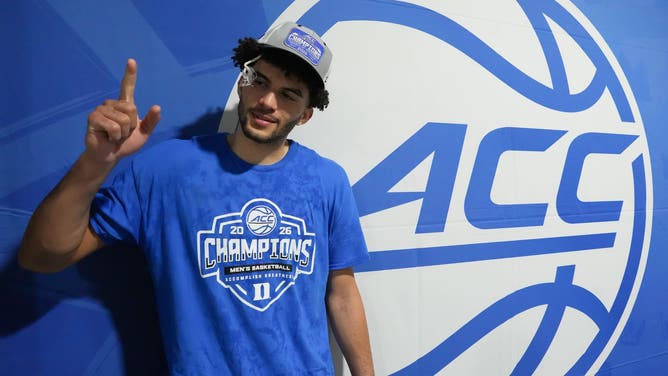 Duke Blue Devils forward Cameron Boozer celebrates after defeating the Virginia Cavaliers in the men's ACC Conference Tournament Championship at Spectrum Center.