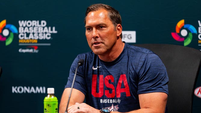 Manager Mark DeRosa of Team USA talks to media during 2026 World Baseball Classic.