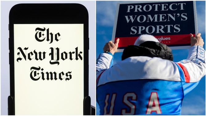 Split image showing a phone with The New York Times logo and an adult in a "USA" jacket holding a sign reading 