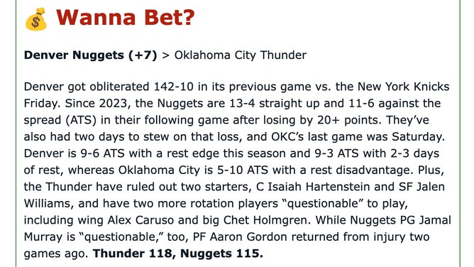 My analysis for the Denver Nuggets at Oklahoma City Thunder in the OutKick Newsletter for Monday, March 9. 