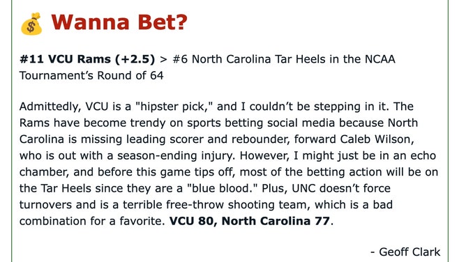 My analysis of the #11 VCU Rams vs. #6 North Carolina Tar Heels in the South Regional of the 2026 NCAA Tournament for OutKick's newsletter Thursday. 