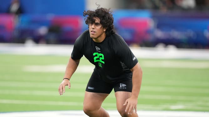 Utah offensive lineman Spencer Fano during the NFL Scouting Combine at Lucas Oil Stadium.