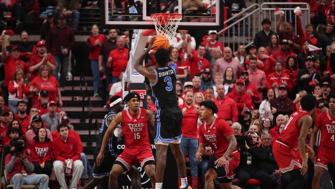 BYU Cougars wing AJ Dybantsa shooting a jumper vs. the Texas Tech Red Raiders. (Photo credit: Michael C. Johnson-Imagn Images)