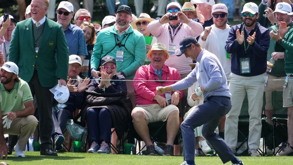 Justin Thomas celebrates his hole-in-one during the Masters Par 3 contest in 2026
