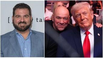 Side-by-side composite image of Dan Le Batard on the left in a light blue blazer and open-collar shirt, and Dana White with Donald Trump on the right at a UFC event, with White leaning in beside Trump in a dark suit and red tie.
