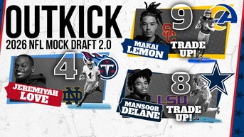 OutKick graphic for 2026 NFL Mock Draft 2.0 featuring Pick 4 Jeremiyah Love, Pick 8 Mansoor Delane with a trade up, and Pick 9 Makai Lemon with a trade up.