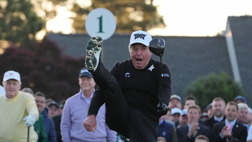 Gary Player doing his signature kick at Augusta National as an honorary starter in 2026