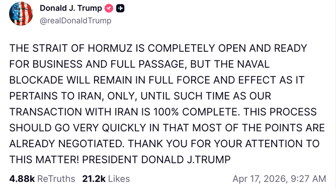 Donald Trump announced Friday that the Strait of Hormuz is open as the ceasefire continues in the Iran War. (Credit: Donald Trump/Truth Social)