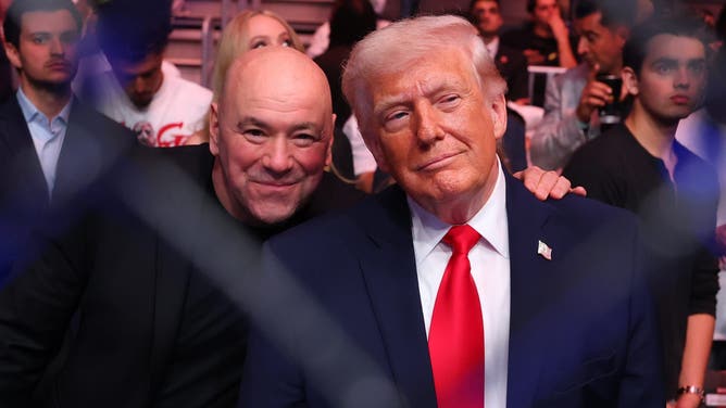 United States President Donald Trump alongside UFC President and CEO Dana White during the UFC 327 event at Kaseya Center.