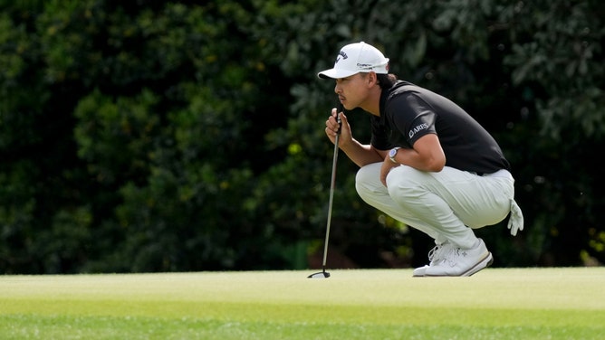 Min Woo Lee lines up a putt at a practice round for the 2026 Masters at Augusta. (Photo Credit: Grace Smith-Imagn Images)